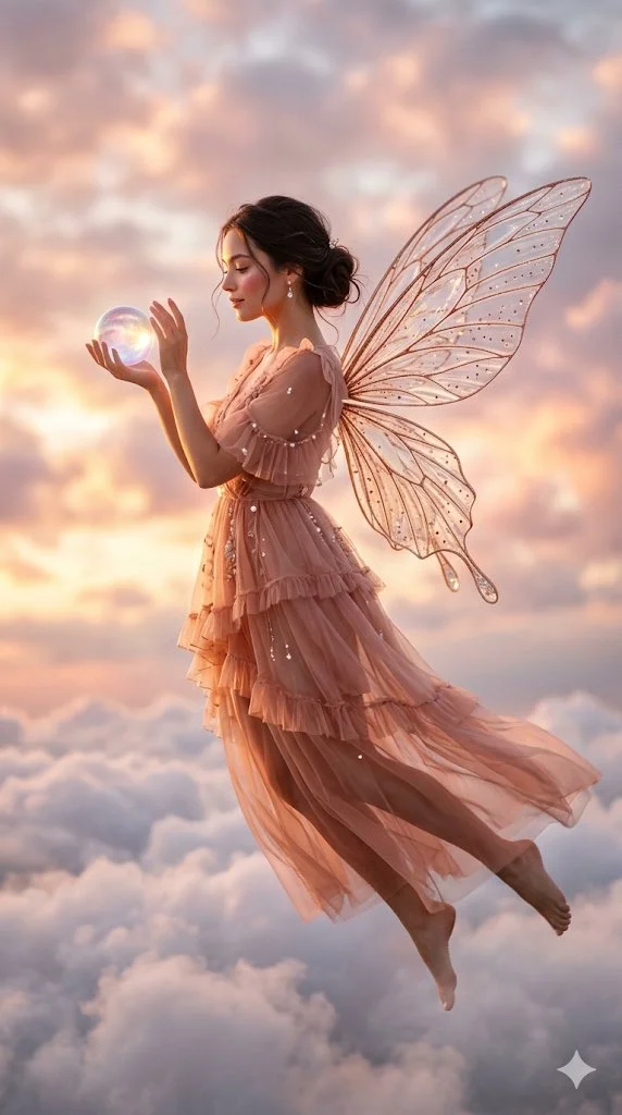 Fairy Princess Amid Rose-Gold Clouds