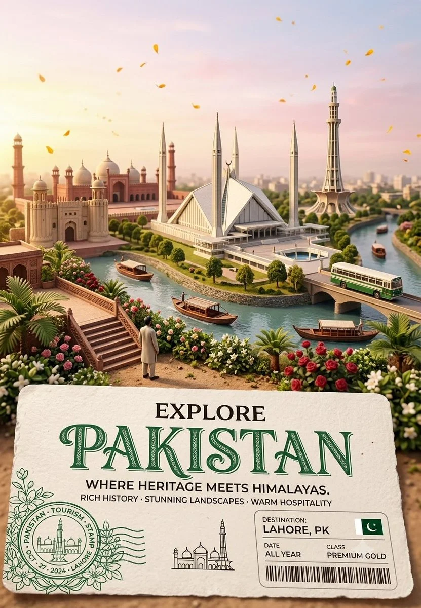 Faisal Mosque and Minar-e-Pakistan blend under a golden sky