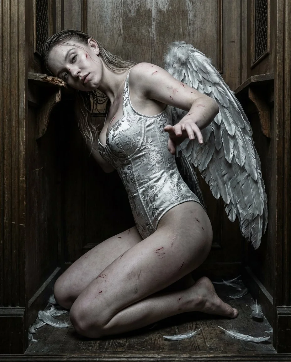 Fallen Angel in Dim Light: A Haunting Portrait of Fragility