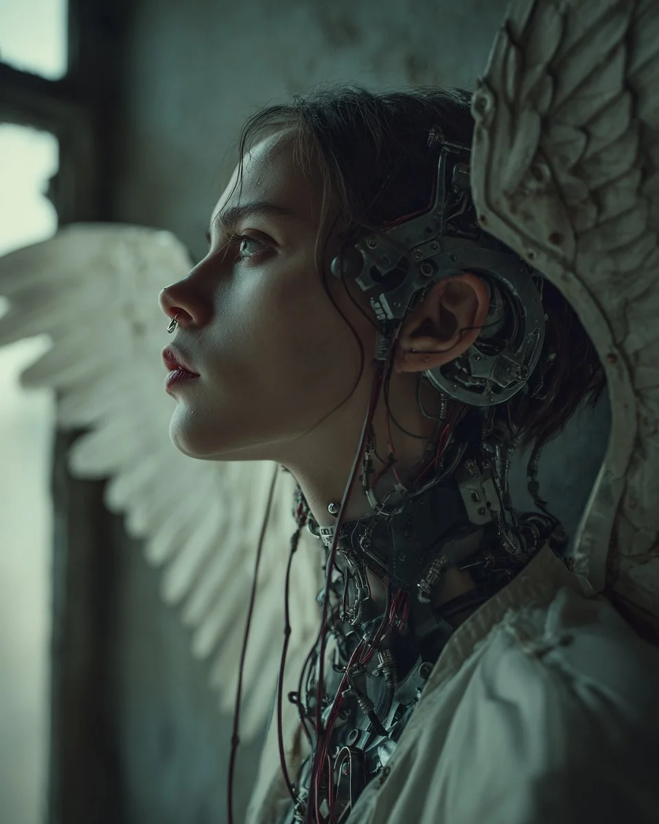 Fallen Cybernetic Angel in a Post-Apocalyptic Ruin