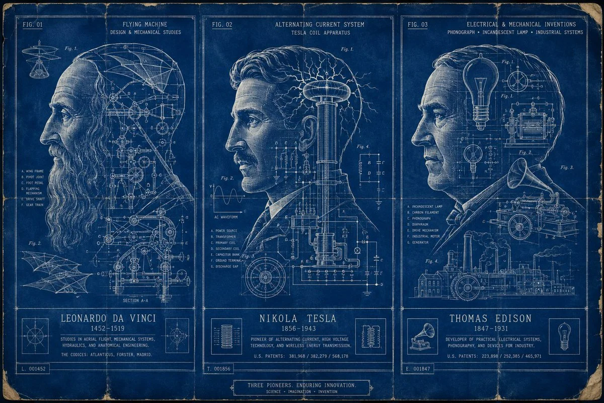 Famous inventors emerge from cyanotype blueprints with mechanical features