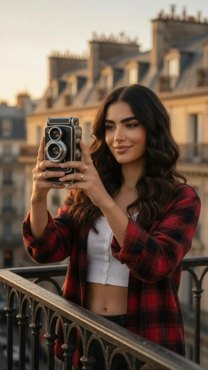 Fashion influencer poses for selfie with retro phone case