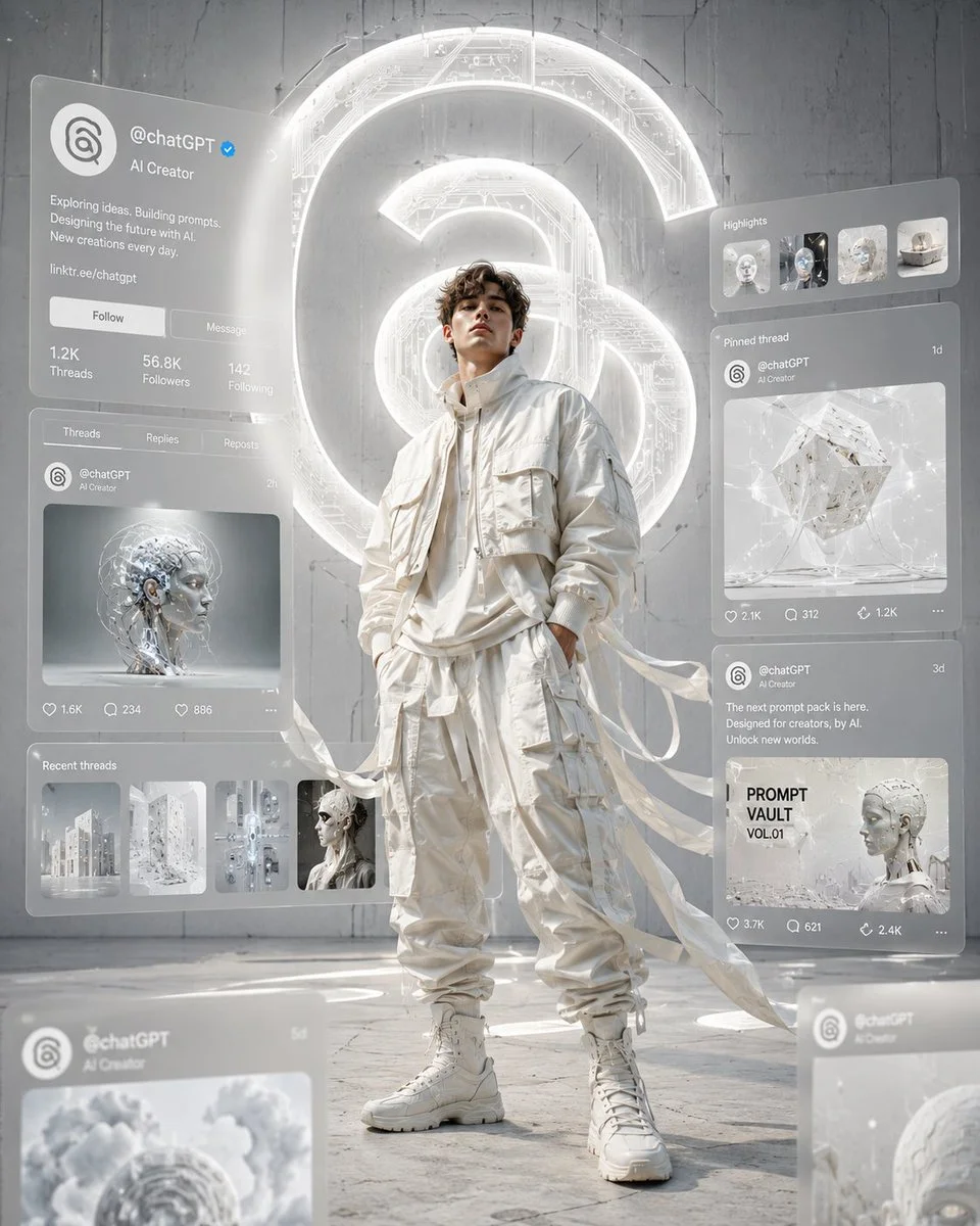 Fashion model poses with holographic Threads profile in white monochrome