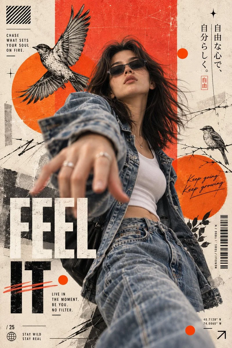 Fashion Model Reaches Toward Camera in Vintage Collage Poster