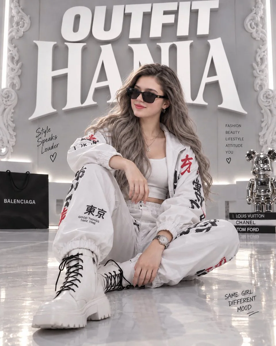 Fashion model sits on glossy white floor in minimalist monochrome studio
