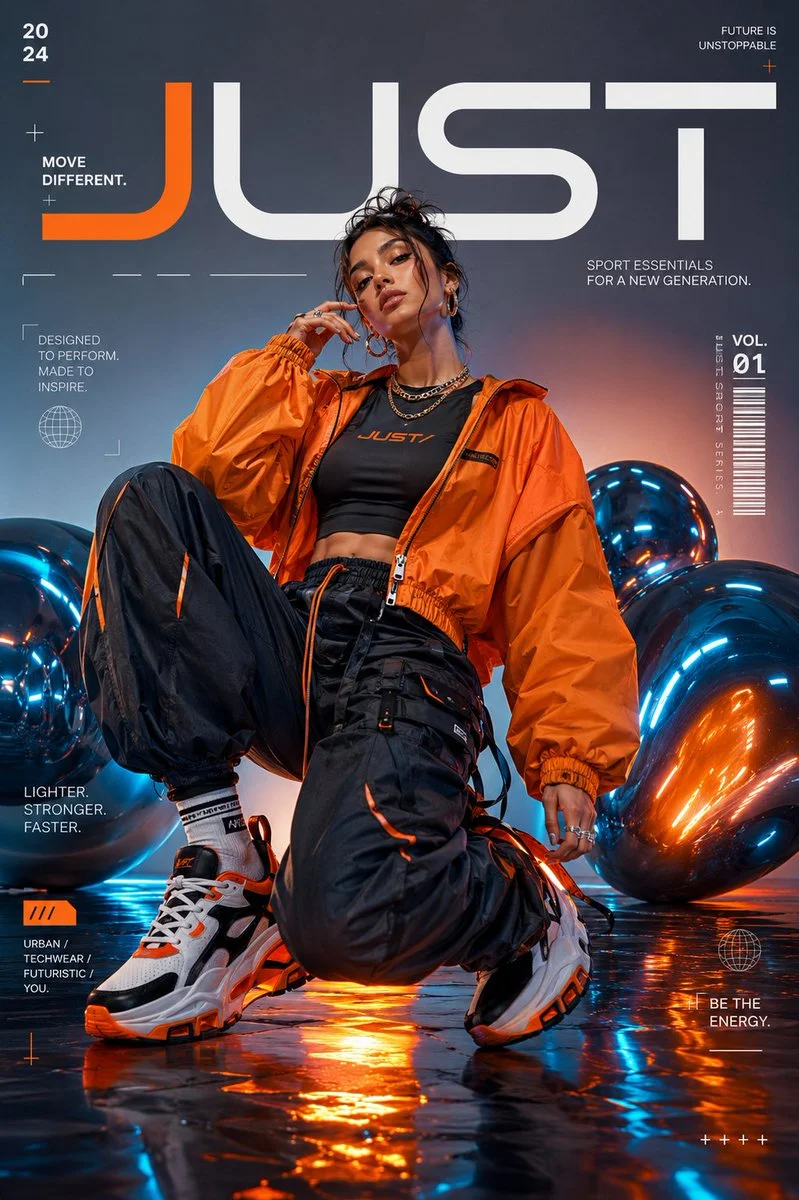 Fashion model strikes a bold pose in futuristic sportswear on magazine cover