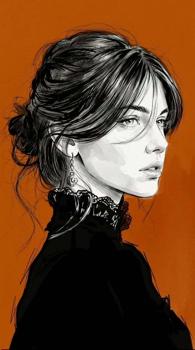 Fashion sketch with orange background and monochrome ink strokes.