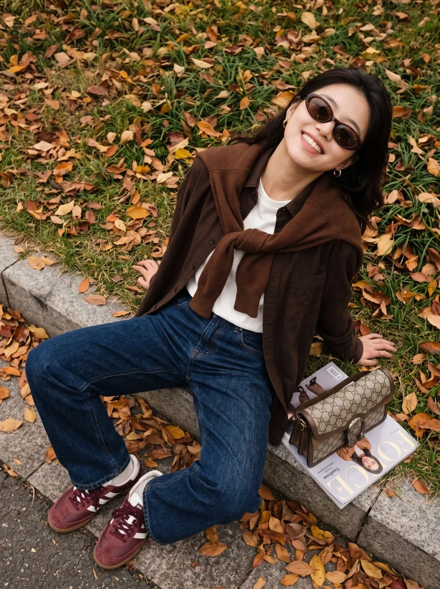 Fashionable Woman Reclines on Leafy Curb in Warm Autumn Light