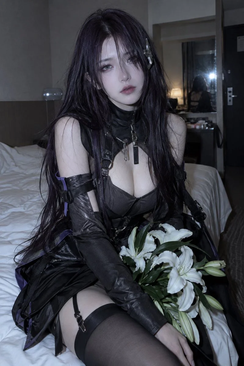 Fatigued cosplayer sits on bed with white lilies under harsh flash