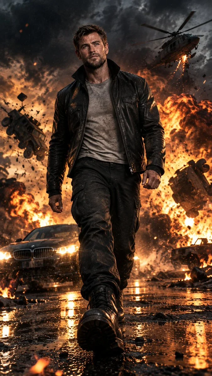Fearless man strides through burning battlefield under heavy rain at night