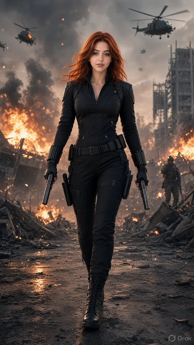 Fearless redhead in tactical gear advances amid explosions and chaos