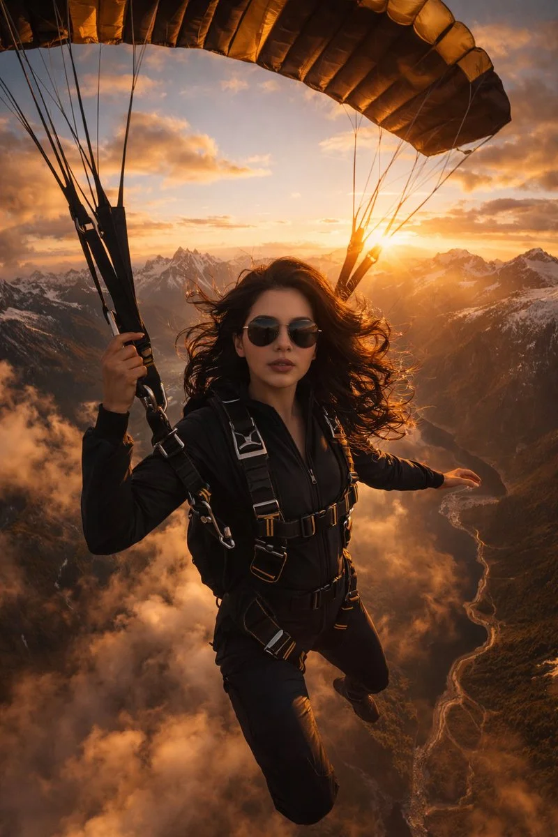 Fearless skydiver descends over golden alpine peaks at sunset