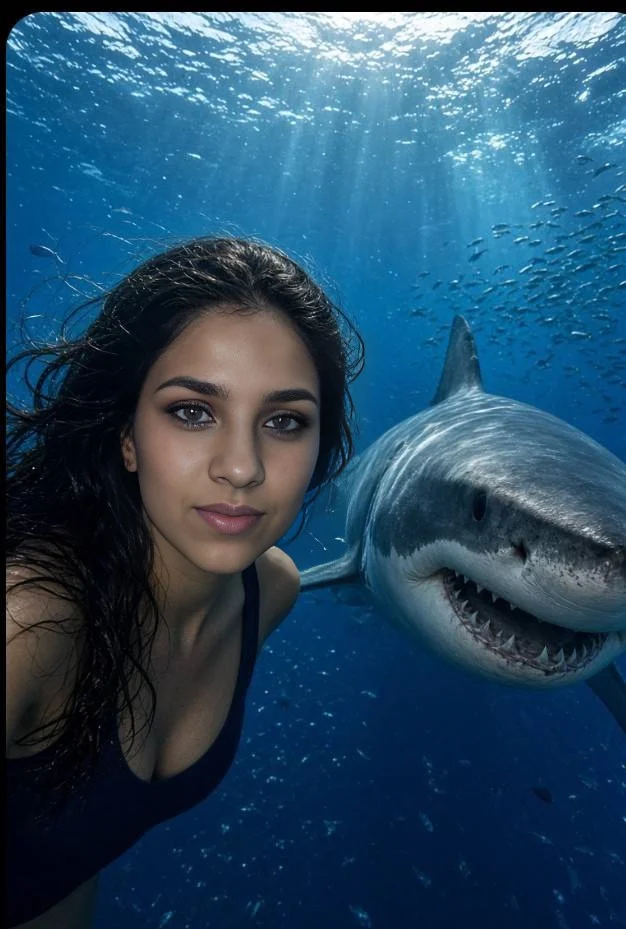 Fearless woman captures selfie with great white shark in sunlit ocean