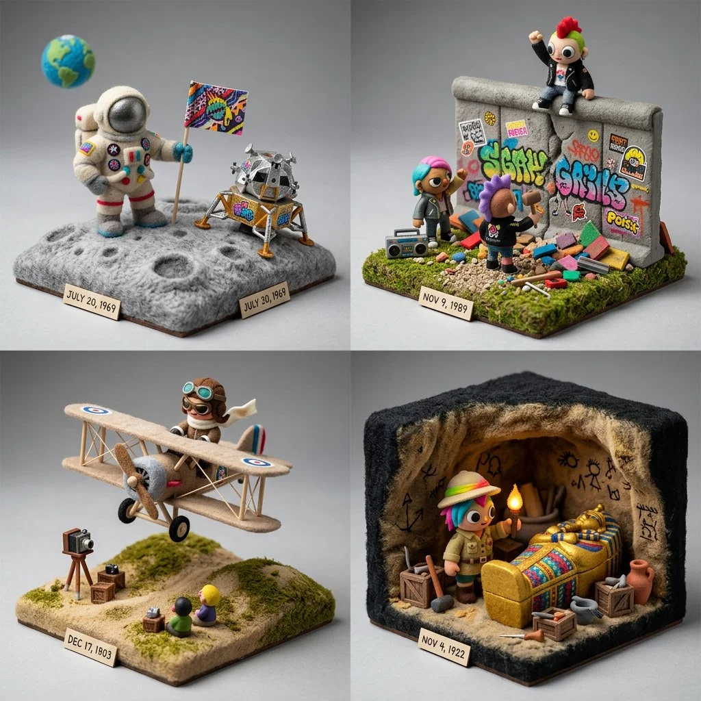 Felt designer toy captures a historic day with punk flair