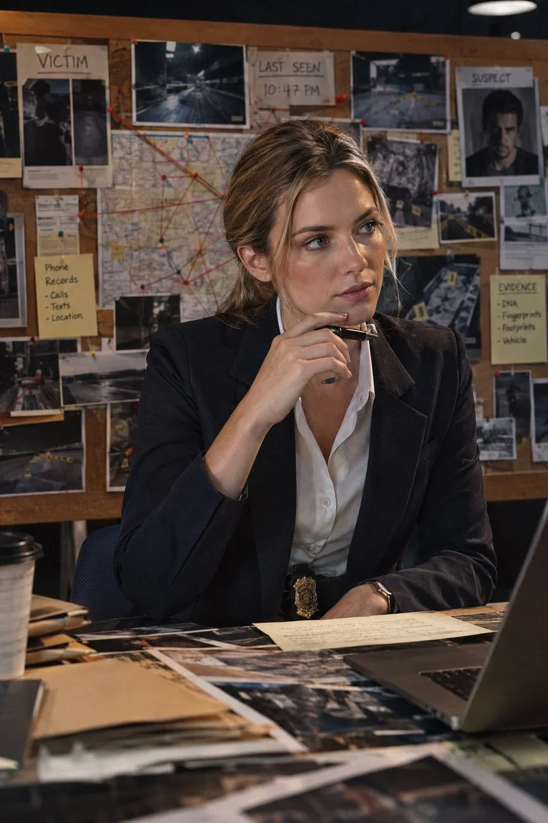 Female detective in navy blazer studies evidence board with serious focus