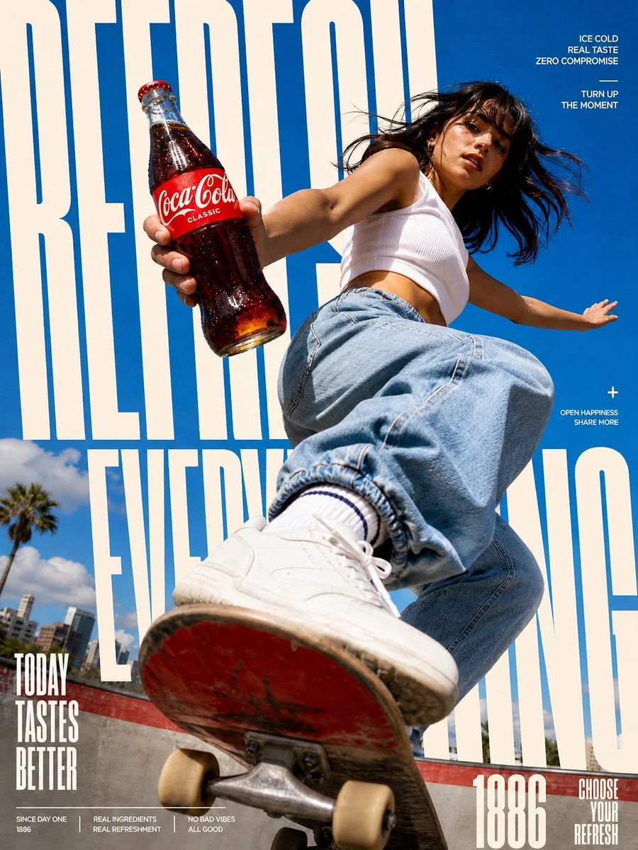 Female skateboarder balances on board while offering a cold cola bottle