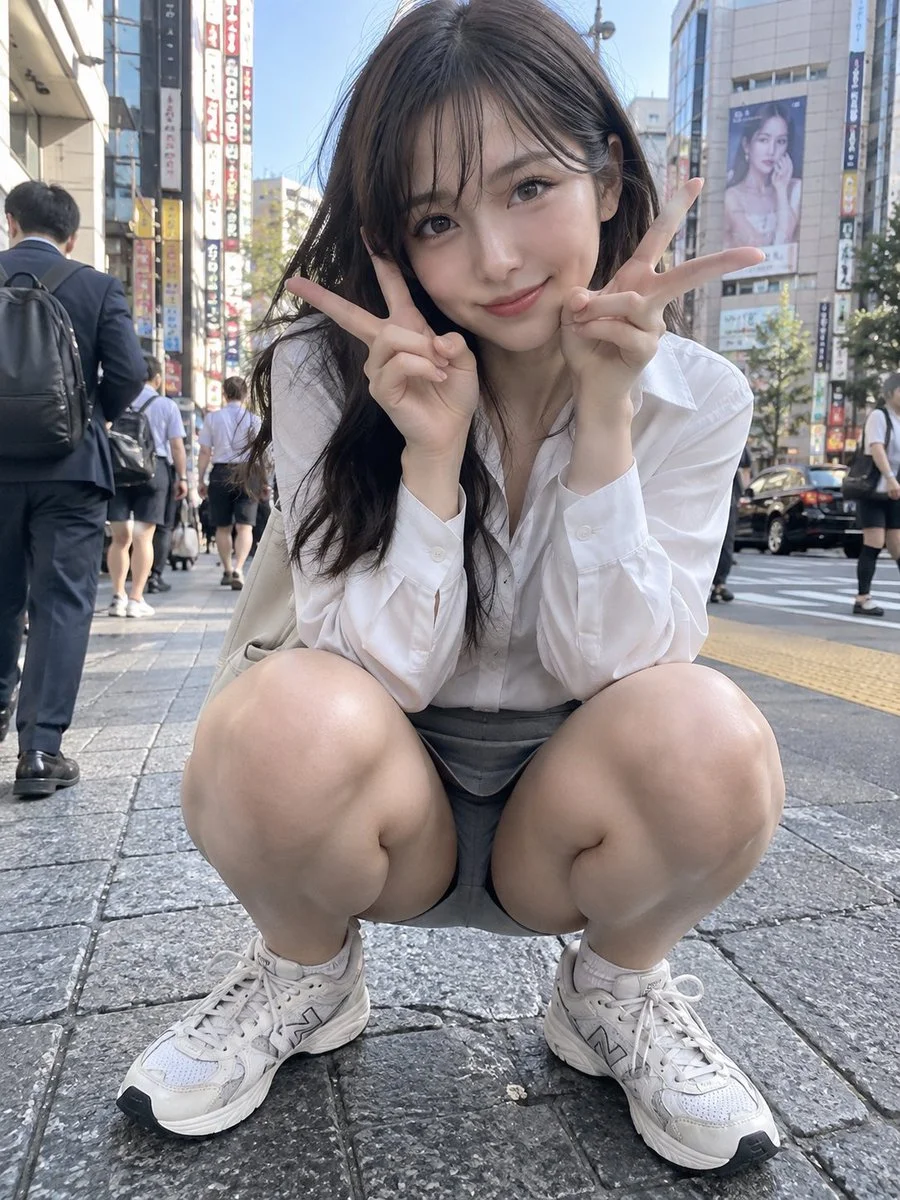 Fictional beauty crouches on city sidewalk with double peace sign