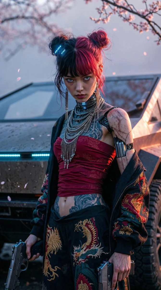 Fierce Cyberpunk Warrior Woman in Cinematic Low-Angle Portrait