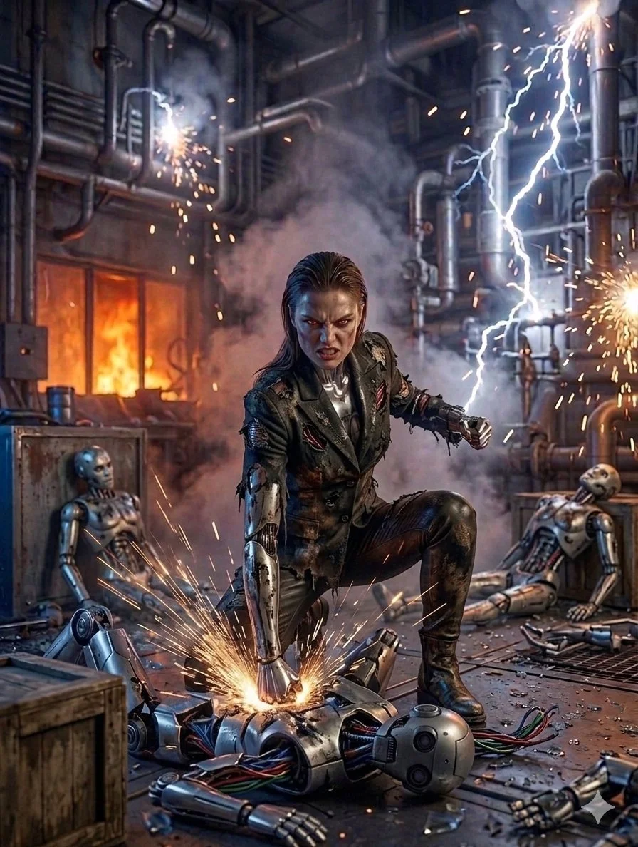 Fierce Cyborg Dominates Industrial Wasteland in Fiery Showdown