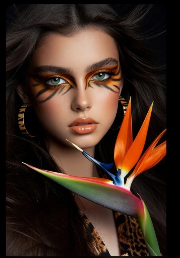 Fierce leopard-print fashion portrait with bold tiger eye makeup and gold hoops