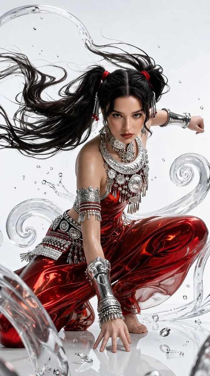 Fierce warrior girl crouches in dynamic pose with flowing ponytails
