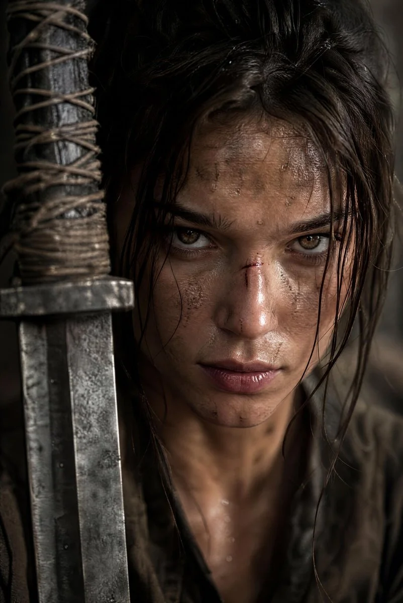 Fierce warrior woman glares intensely with gritty battle-worn face