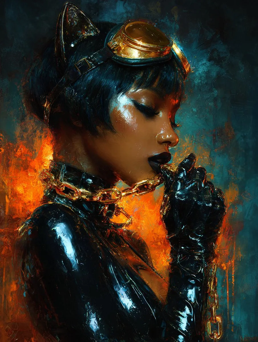 Fiery cat woman bites gold chain in glossy latex portrait
