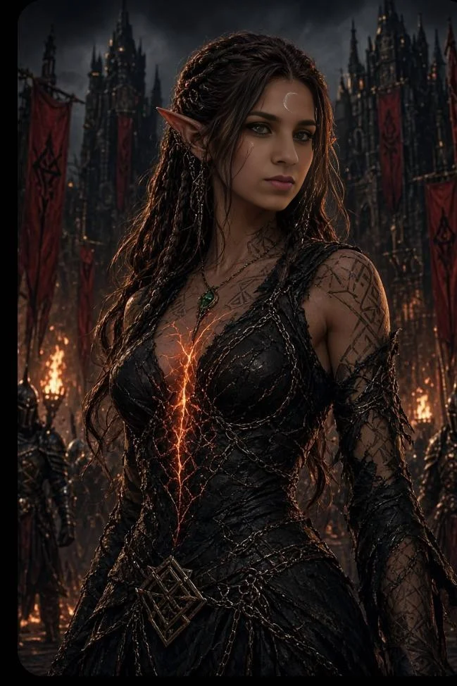 Fiery Energy Crack Illuminates Dark Elf Warrior Queen Portrait