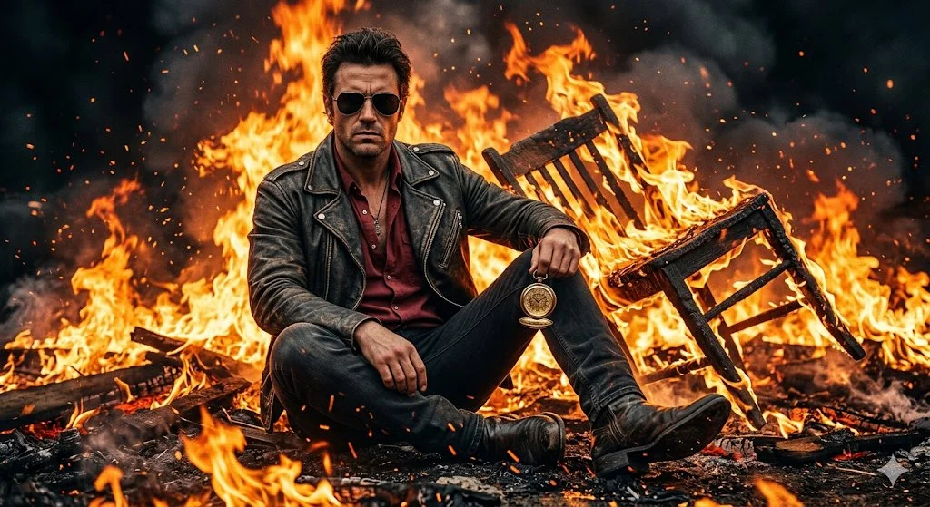 Fiery Resolve: Man Amidst Blazing Flames