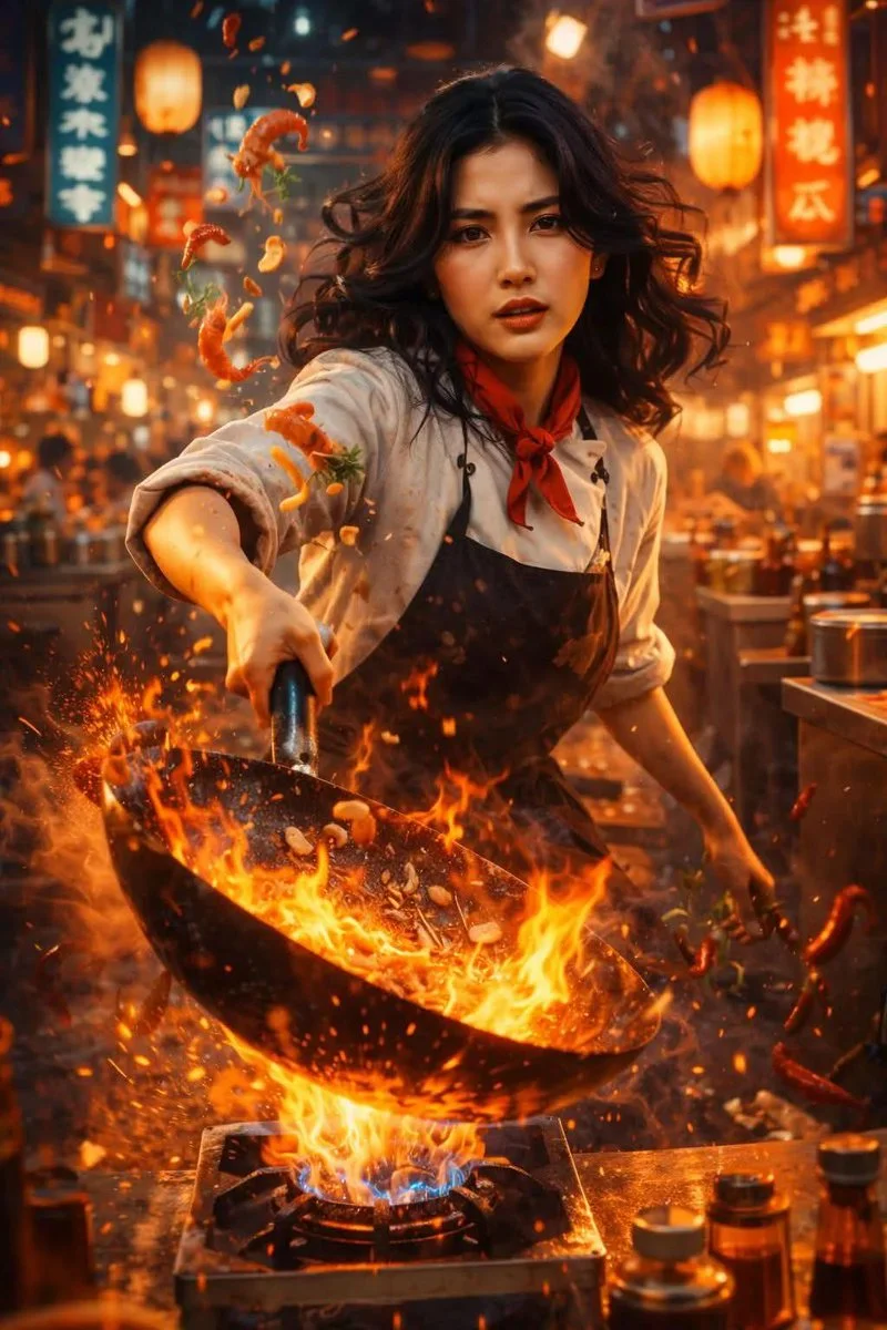 Fiery Street Food Action: A Chef in Motion