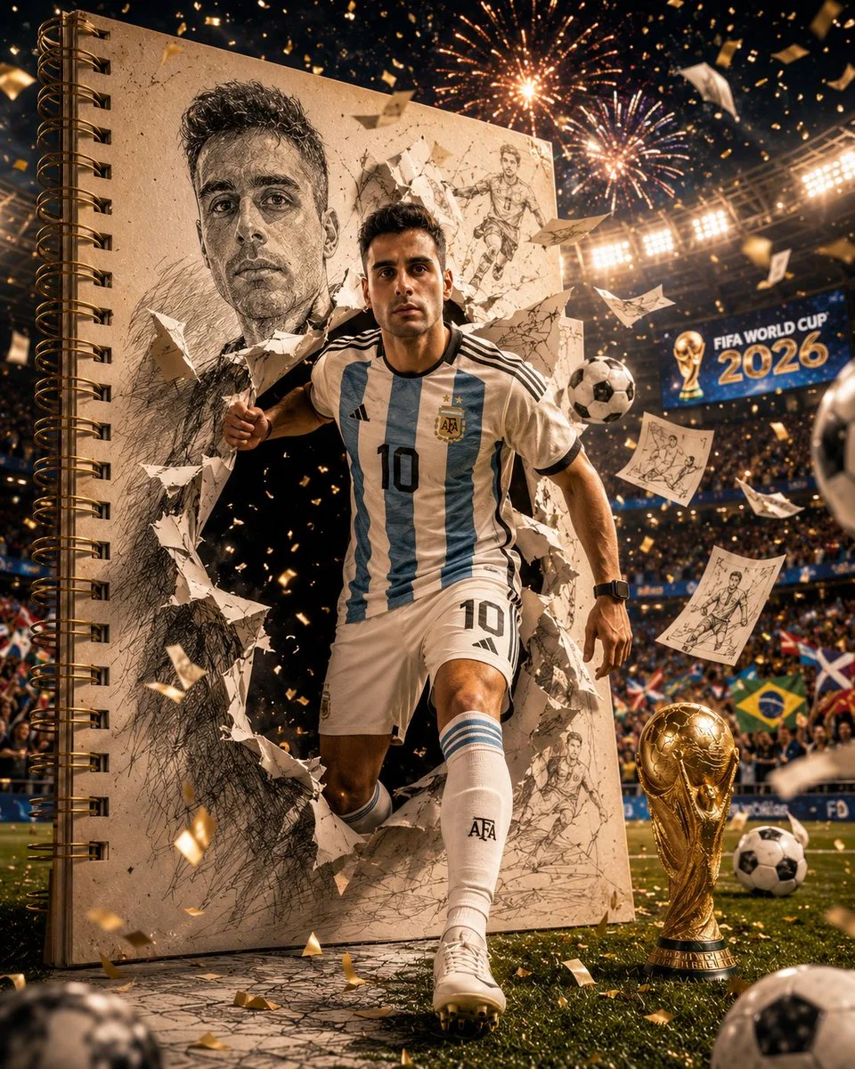 FIFA 2026 champion steps from golden sketchbook into roaring stadium