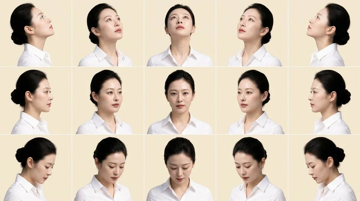 Fifteen-Panel Grid Shows Head Tilt Variations in a Portrait Study