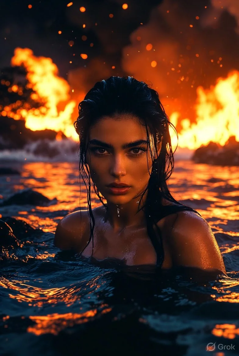Firelight illuminates the wet skin and dark eyes of a woman in volcanic waters.