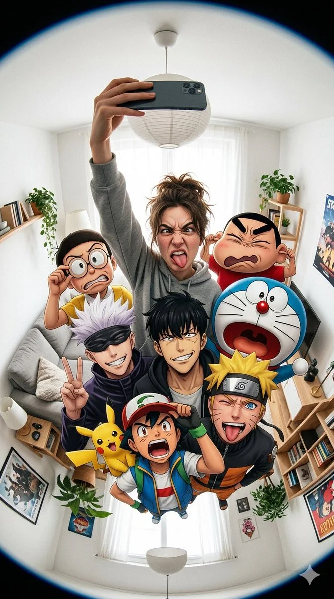 Fisheye Selfie Mashup with Iconic Anime Characters in a Bright Room