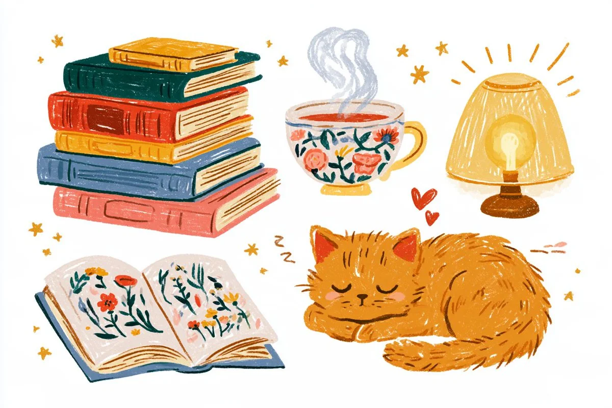 Five Cozy Crayon Doodle Characters Share Warm Pastel Moments