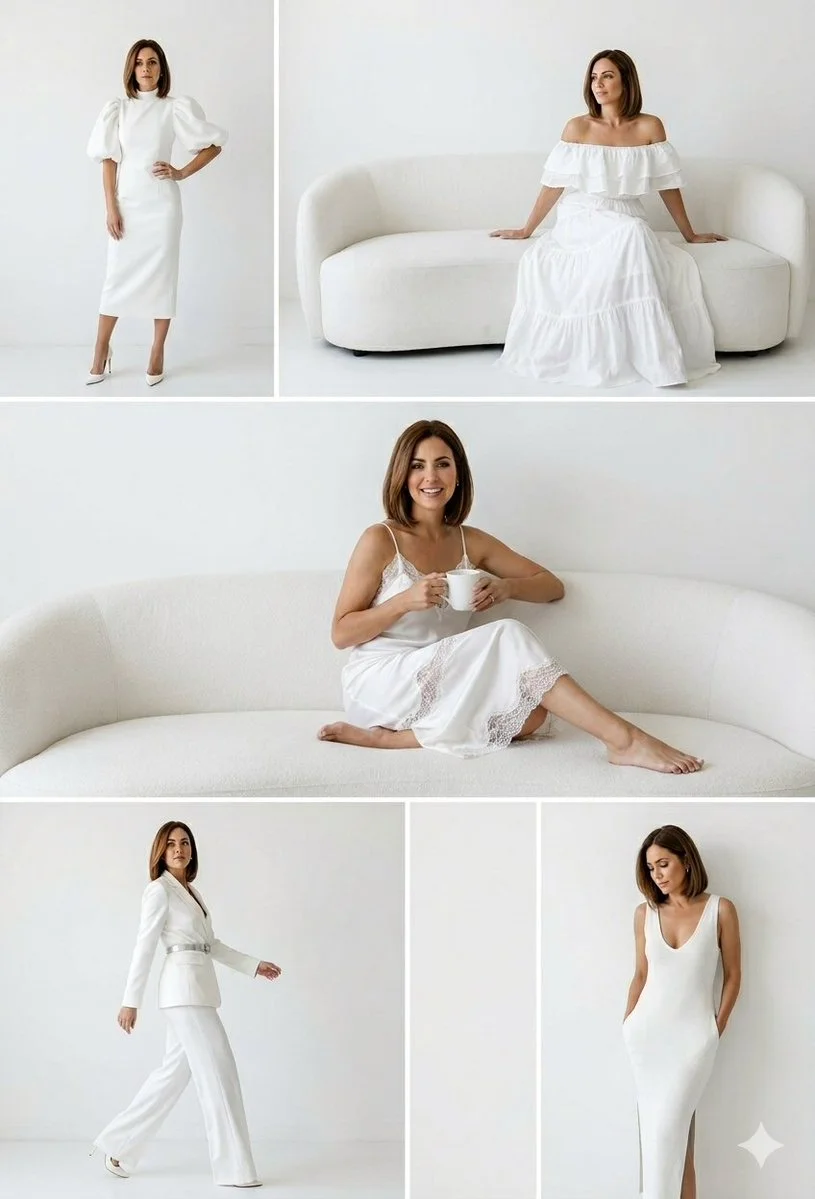 Five elegant white outfits showcase minimalist fashion in a grid collage