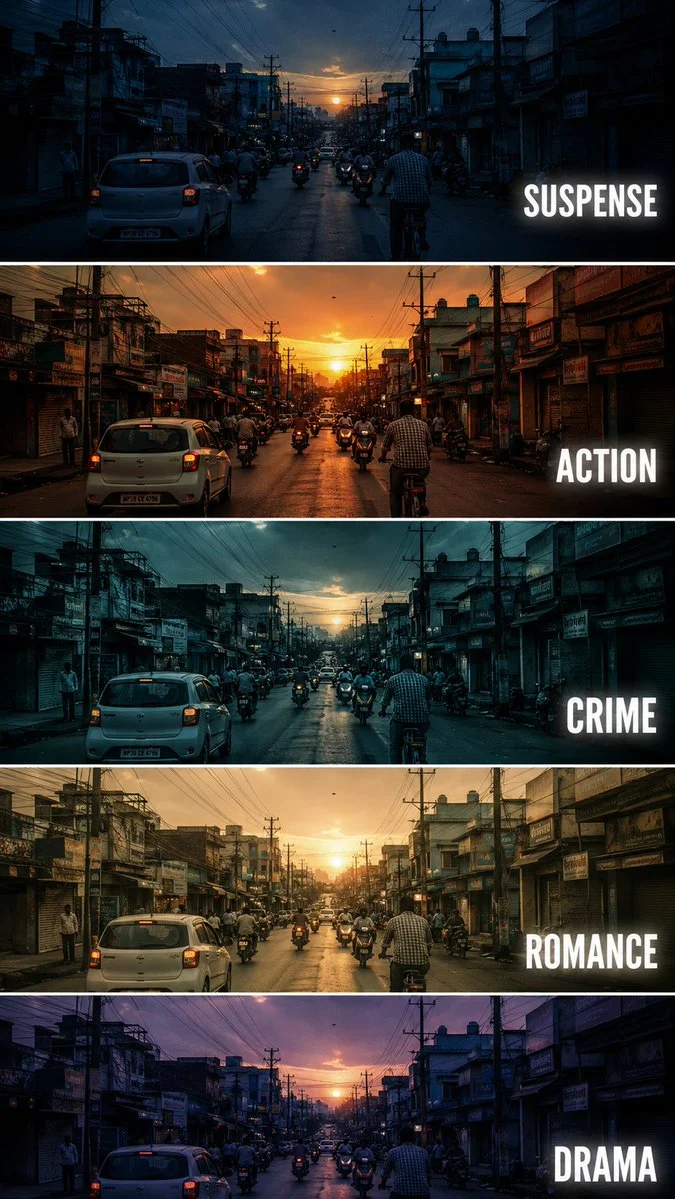 Five film color grades transform a busy city street scene