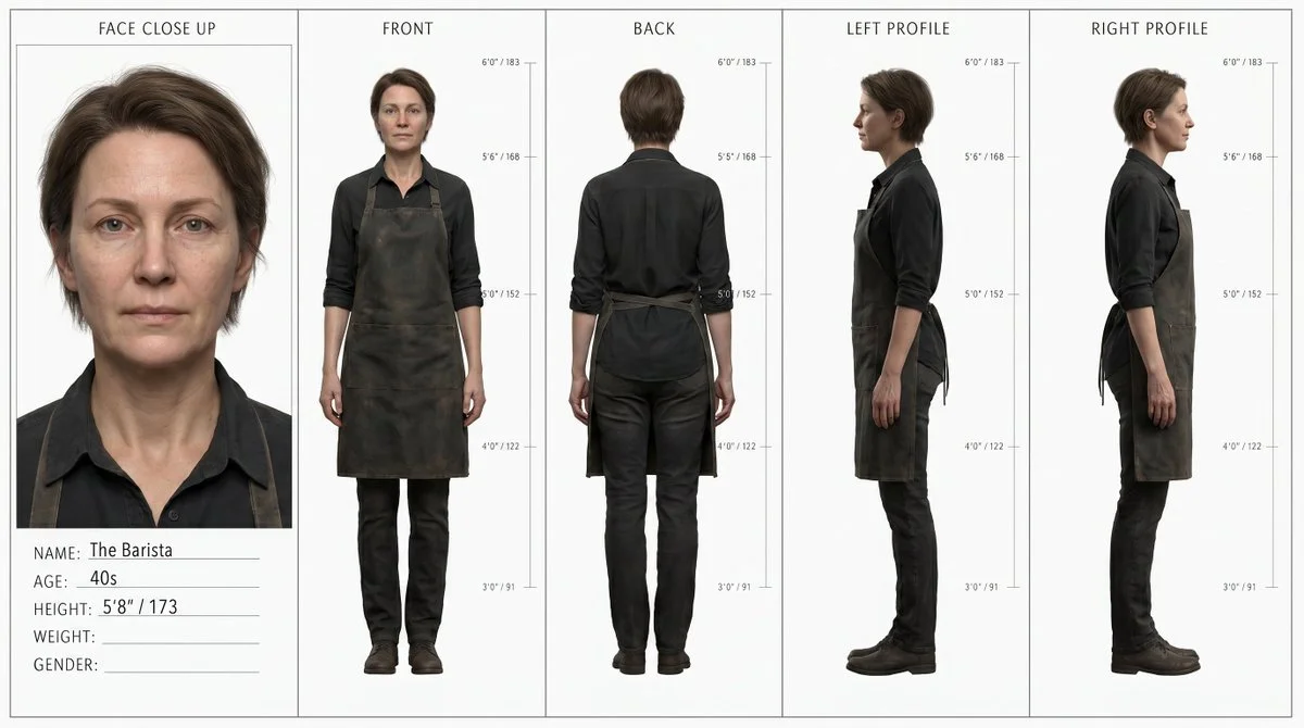Five-view character sheet reveals barista with weathered apron and tools