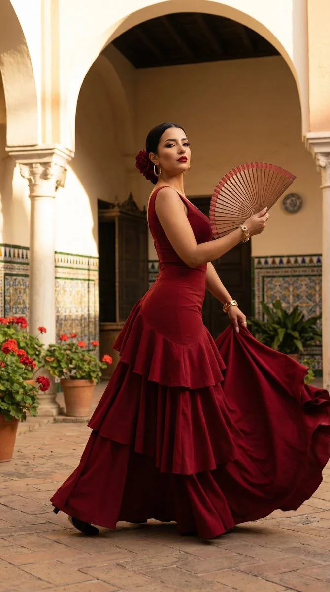 Flamenco Couture Elegance in a Sunlit Seville Courtyard