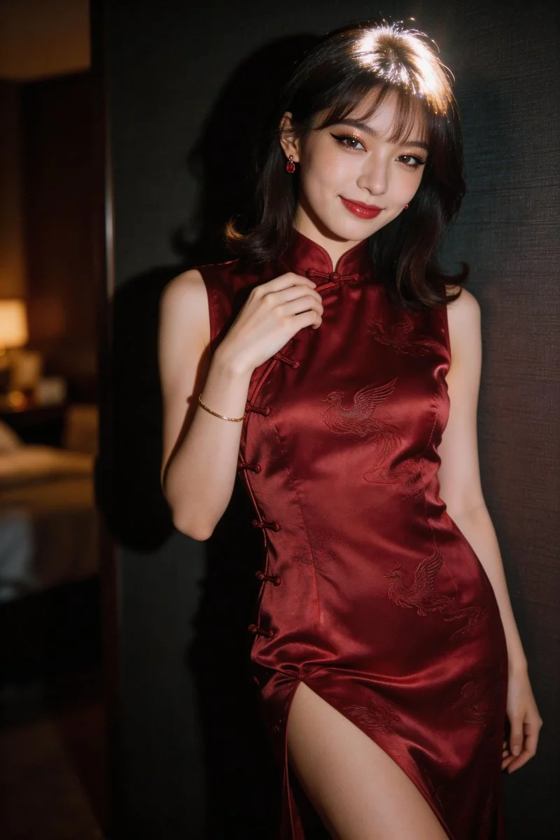 Flash-Lit Elegance: Burgundy Qipao at Night