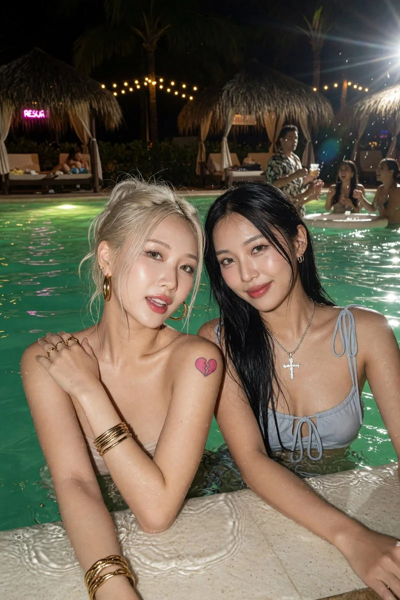 Flash Photography Captures Candid Moment Between Two Friends in Pool