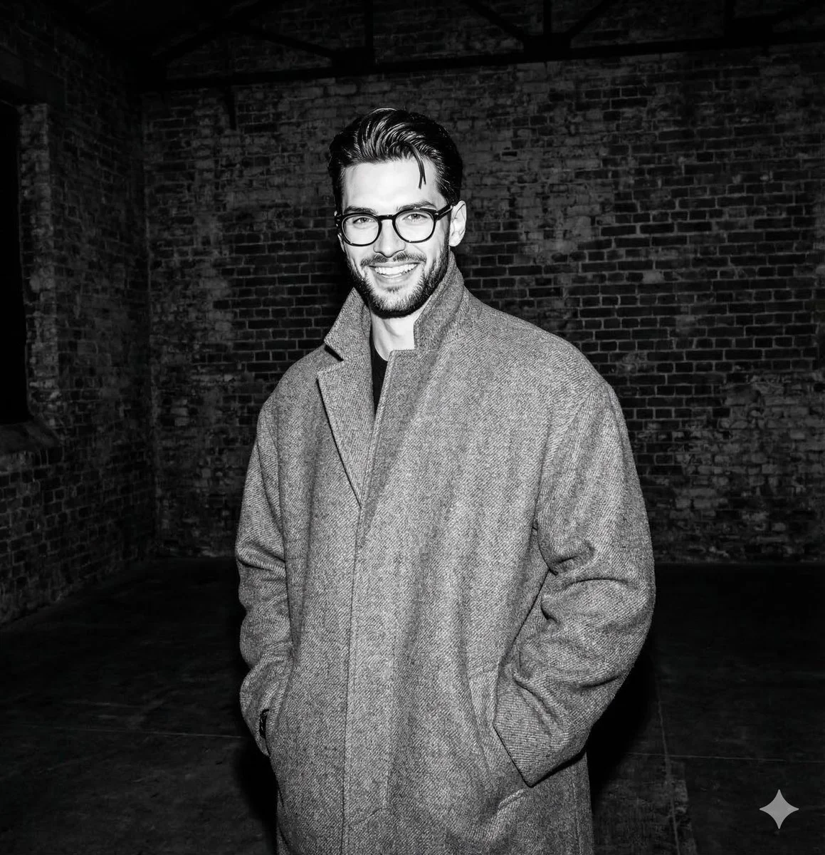 Flashlit Noir Portrait with Oversized Coat and Bold Smile