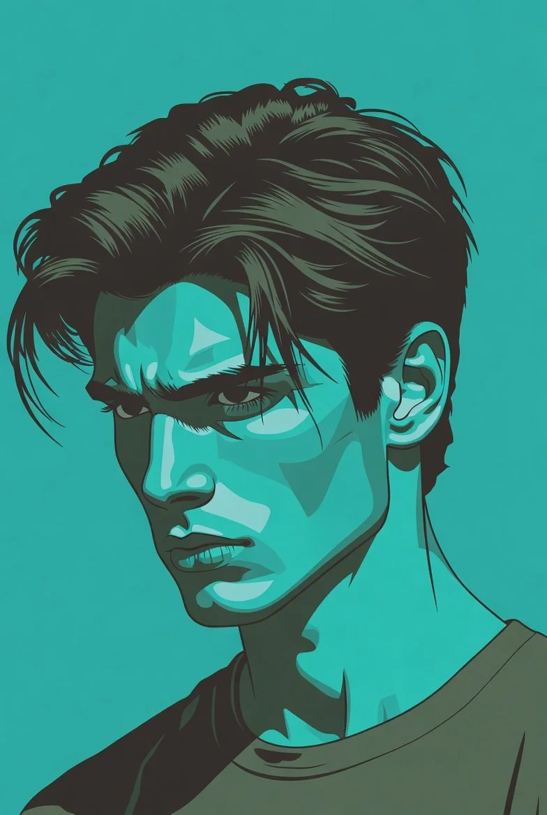 Flat graphic portrait uses teal tones for dramatic effect