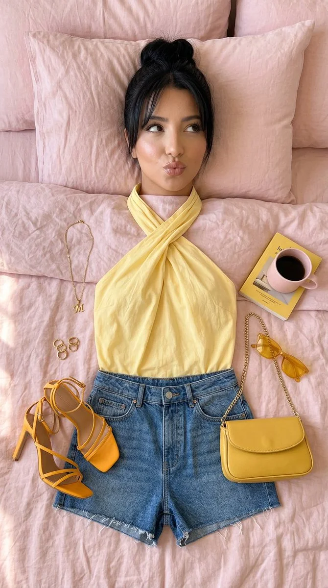 Flat-lay fashion editorial with model on pink bedding and yellow outfit