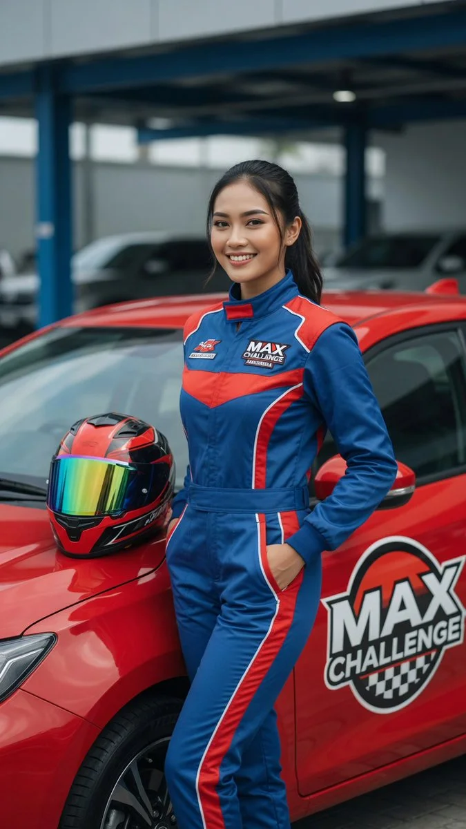 Flawless model in racing suit smiles beside glossy red car