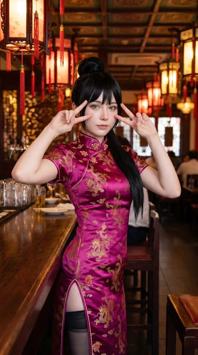 Flawless woman in satin qipao stands by wooden bar