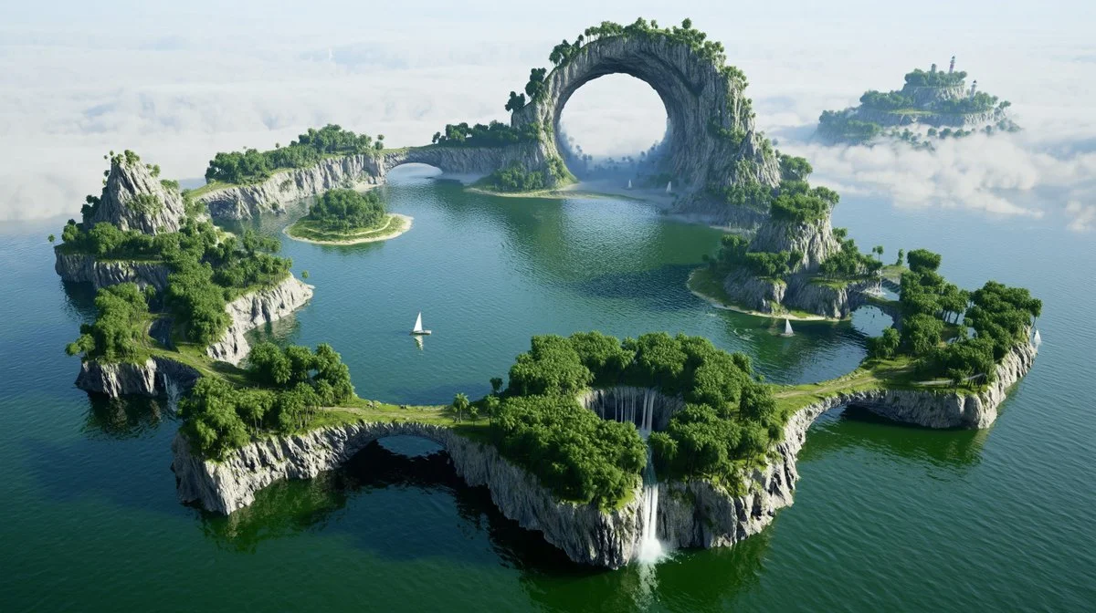 Floating Archipelago of Illusions Above an Emerald Ocean