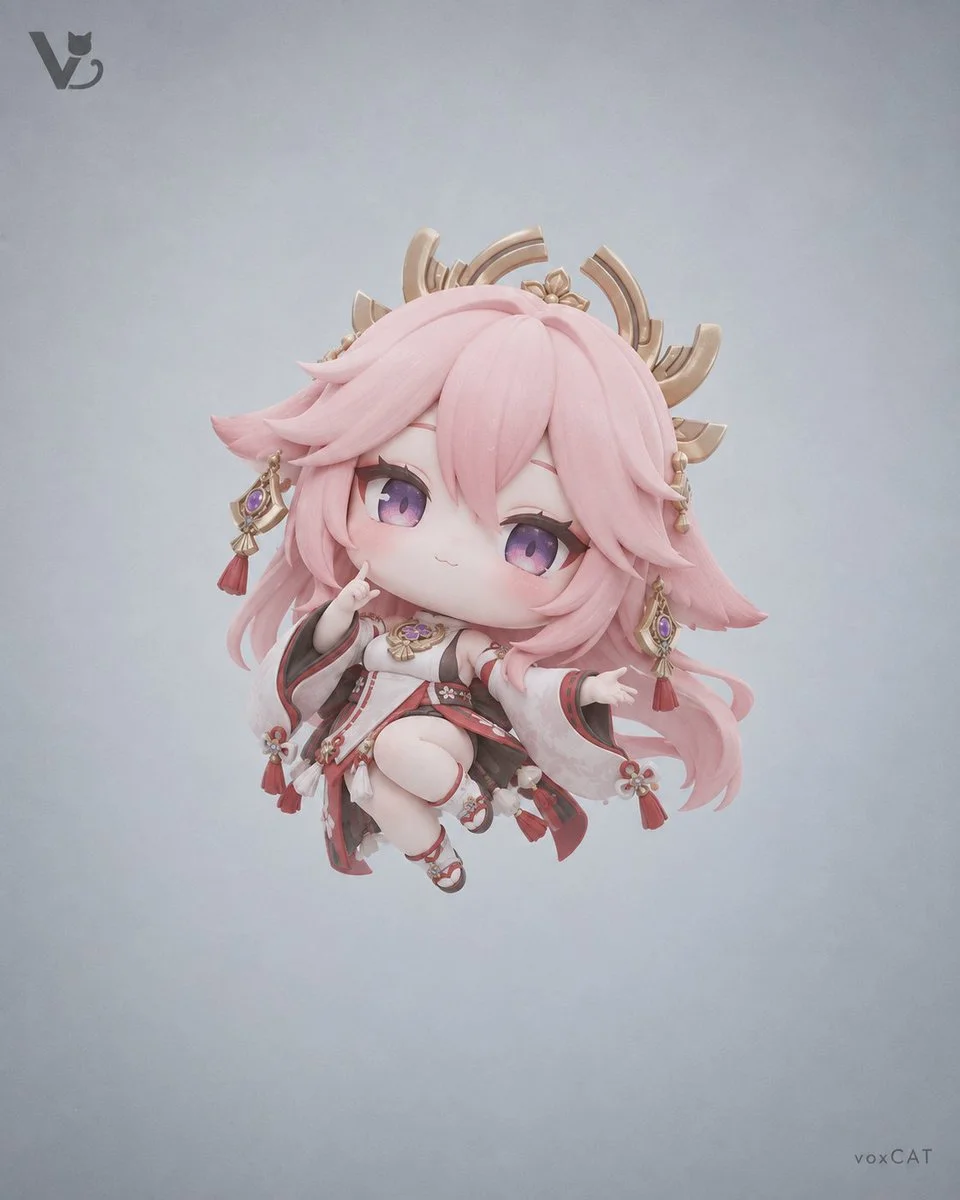 Floating Chibi Character Captured in Cold Grey Minimalist Studio Light