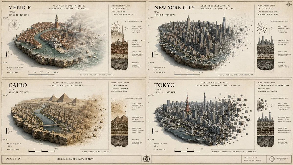Floating city specimens disassemble on an archival atlas page