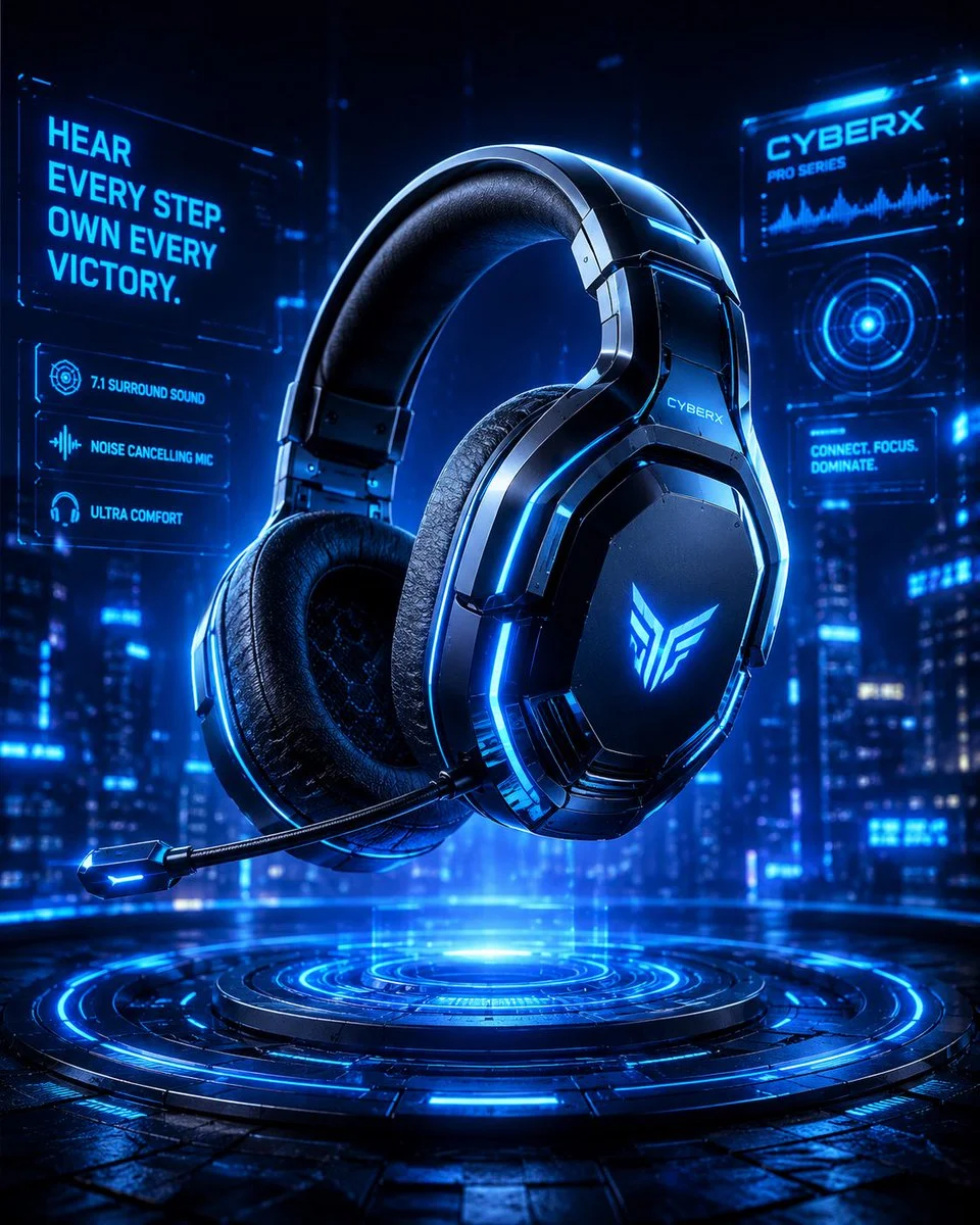 Floating gaming headset glows with neon RGB light trails in cyber arena